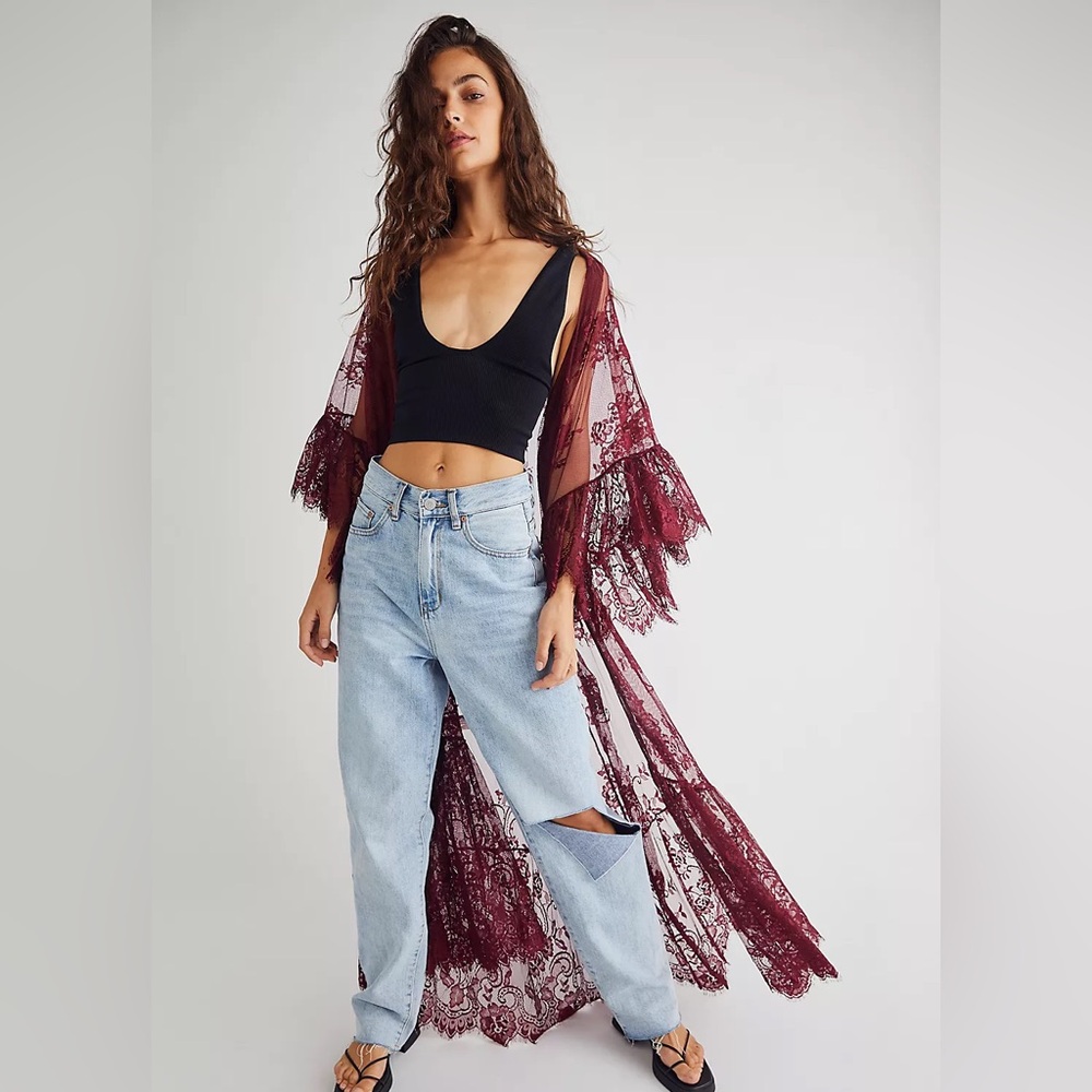 Free People Burgundy Lace Varsity Kimono